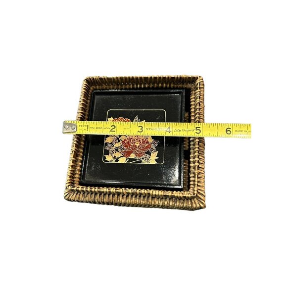 Vintage Japanese 1970’s Lacquerware Coaster Set Black Gold Wicker Coaster & Box - Picture 8 of 8